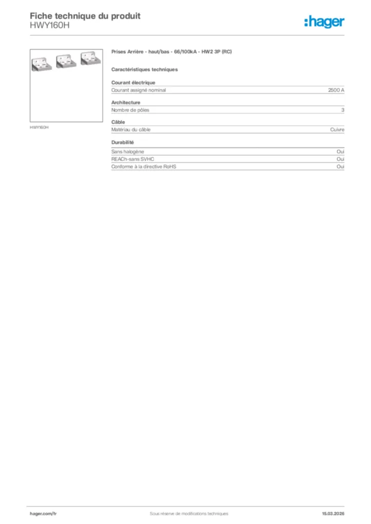Image Hager Fiche technique du produit HWY160H | Hager France