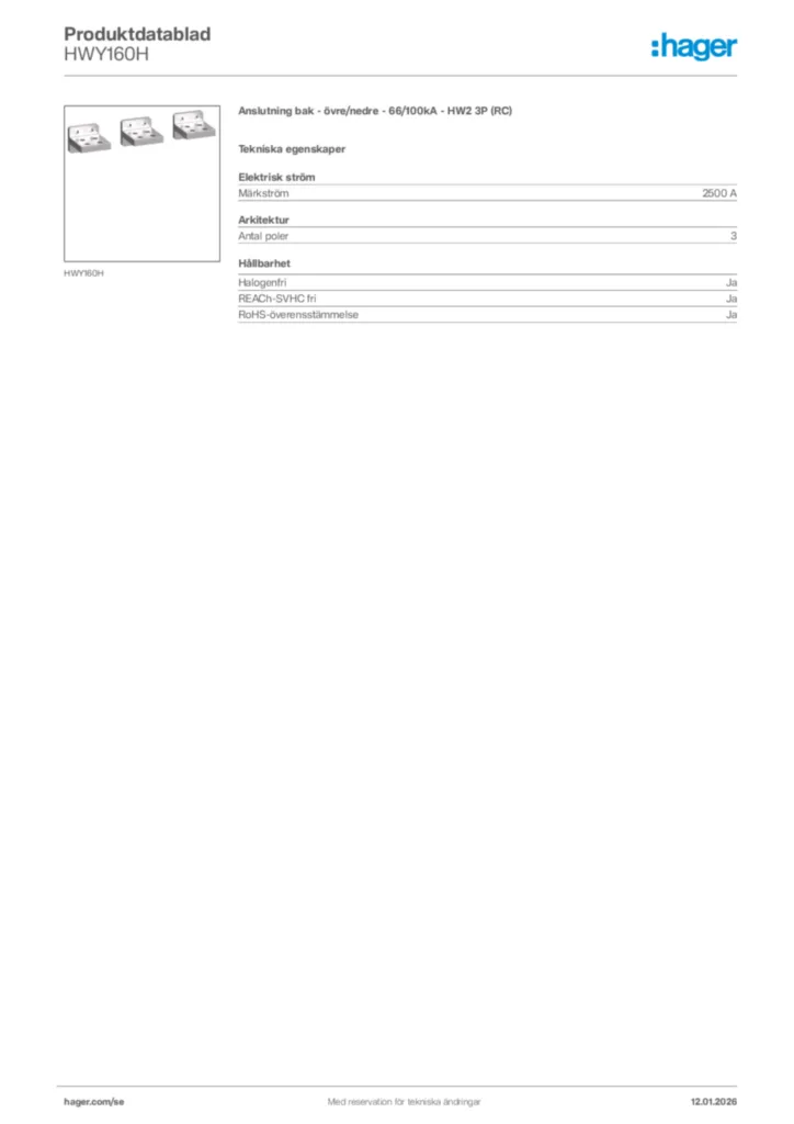 Bild Hager Produktdatablad HWY160H | Hager Sverige