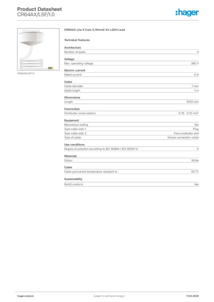 Image Hager Product data sheet CR64AX/LSF/1.0  | Hager