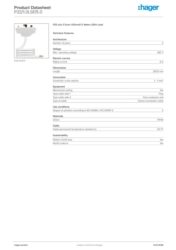 Image Hager Product data sheet P22/1.0LSF/5.0  | Hager