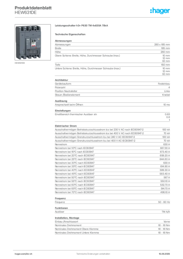 Bild Hager Produktdatenblatt HEW631DE | Hager Schweiz