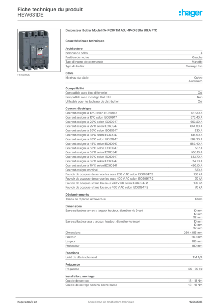 Image Hager Fiche technique du produit HEW631DE | Hager Suisse