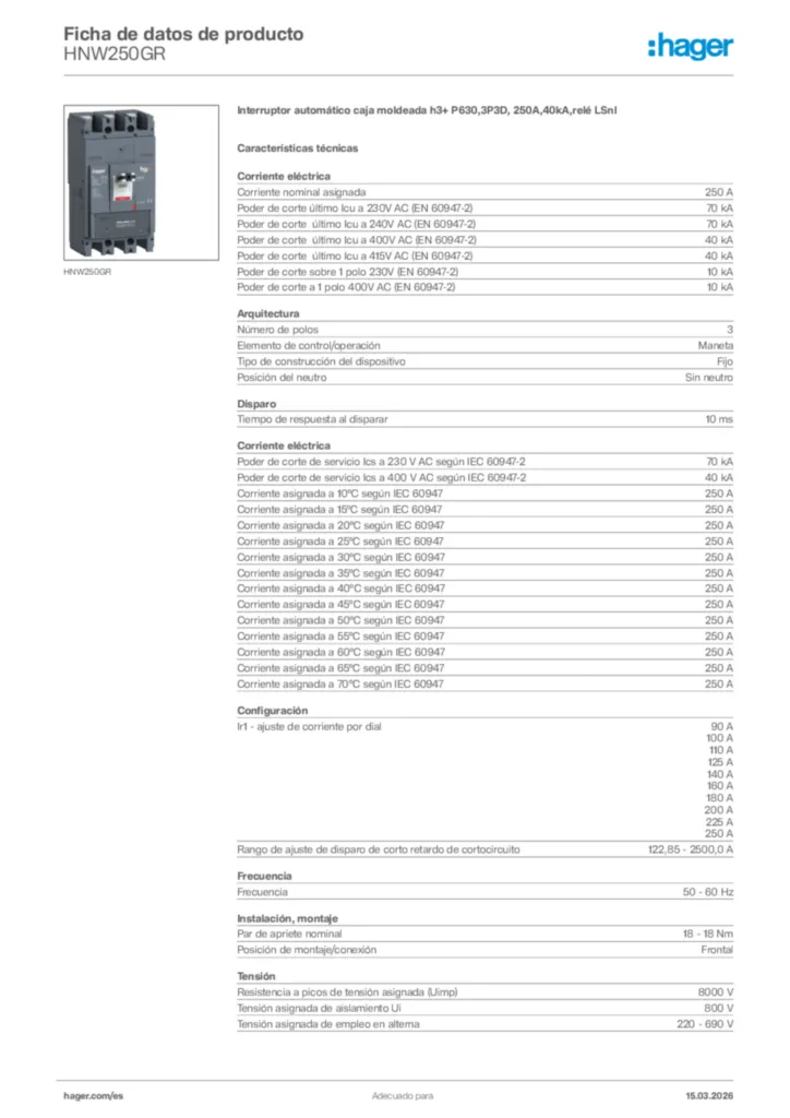 Imagen Hager Ficha de datos de producto HNW250GR | Hager España