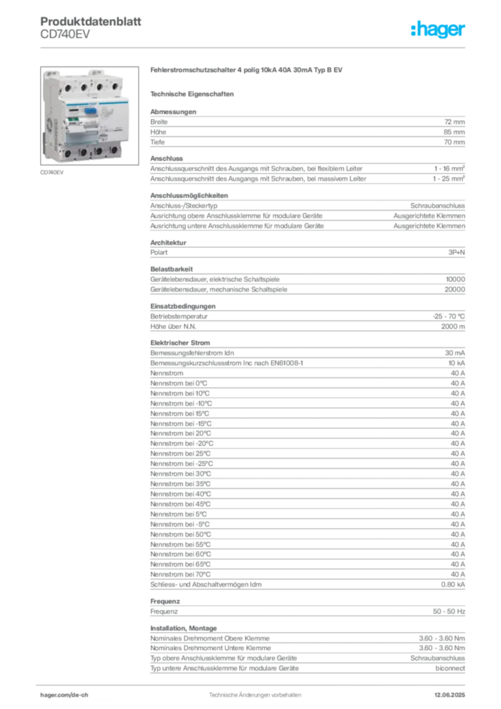 Bild Hager Produktdatenblatt CD740EV | Hager Schweiz