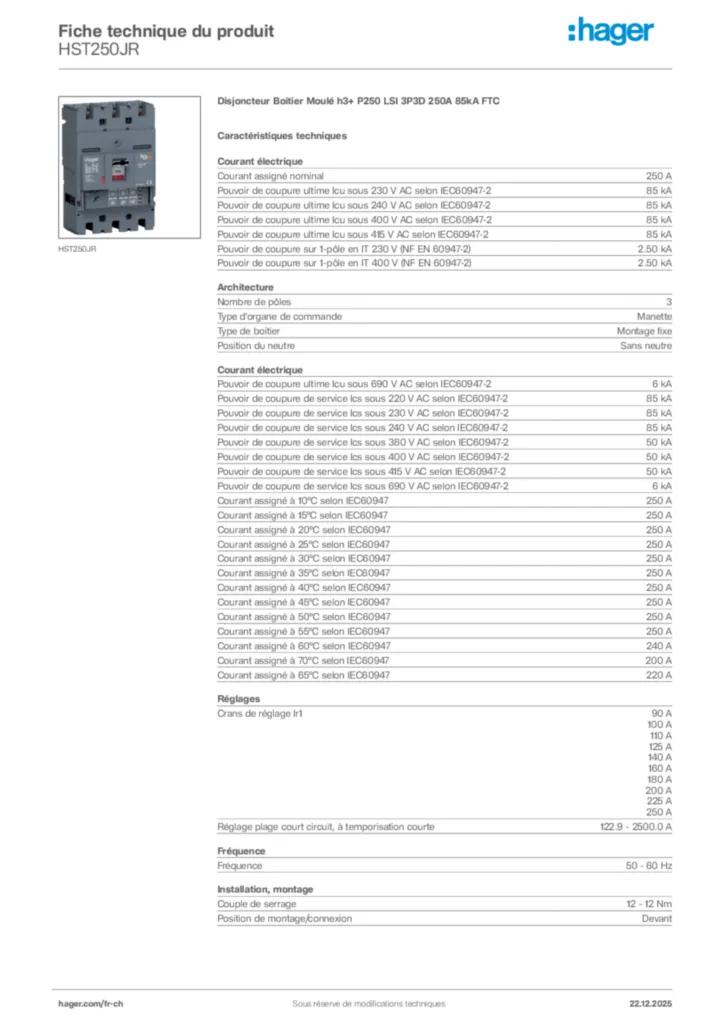 Image Hager Fiche technique du produit HST250JR | Hager Suisse