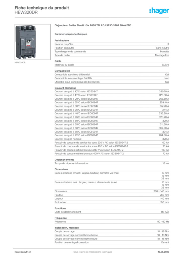 Image Hager Fiche technique du produit HEW320DR | Hager Suisse