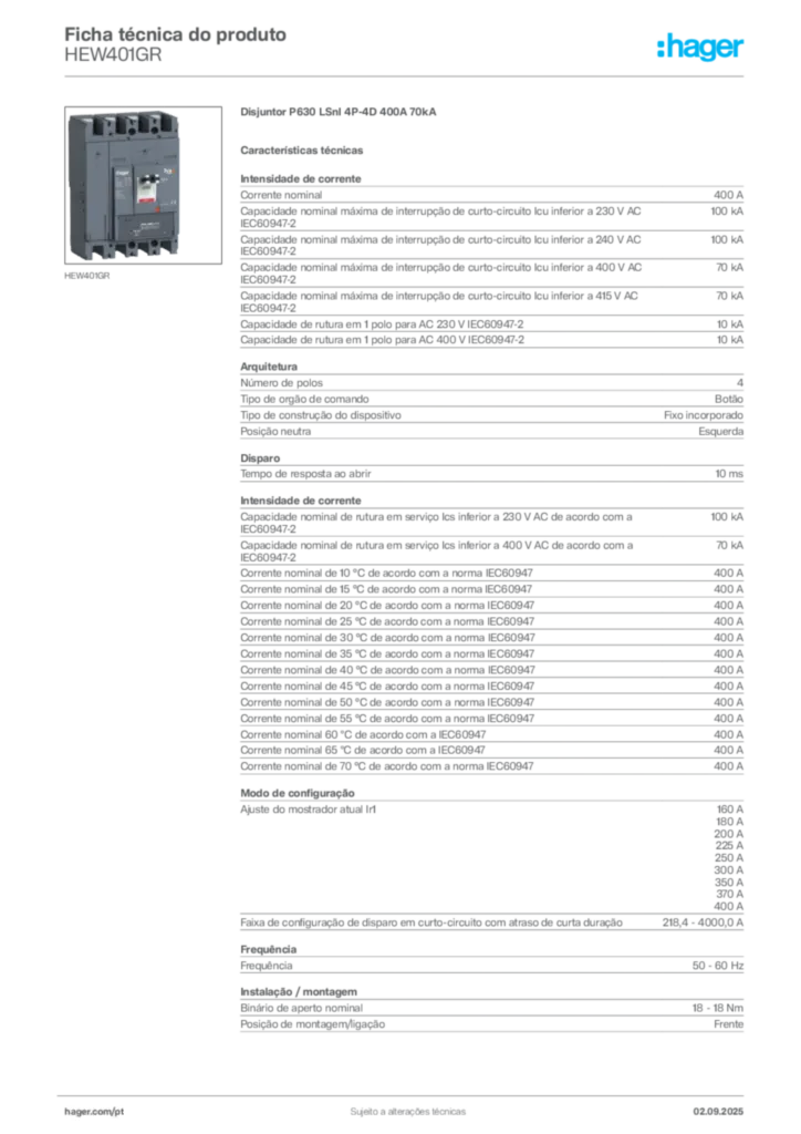 Imagem Hager Ficha técnica do produto HEW401GR | Hager Portugal