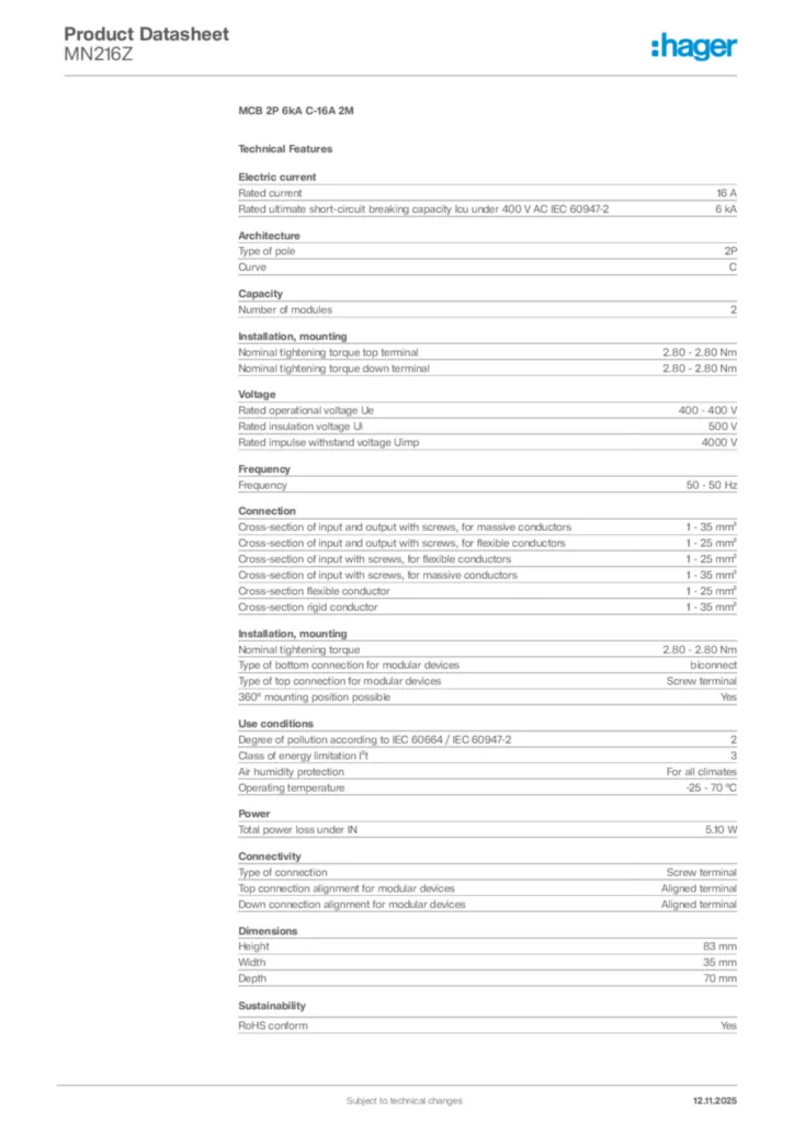 Image Hager Product data sheet MN216Z  | Hager Africa