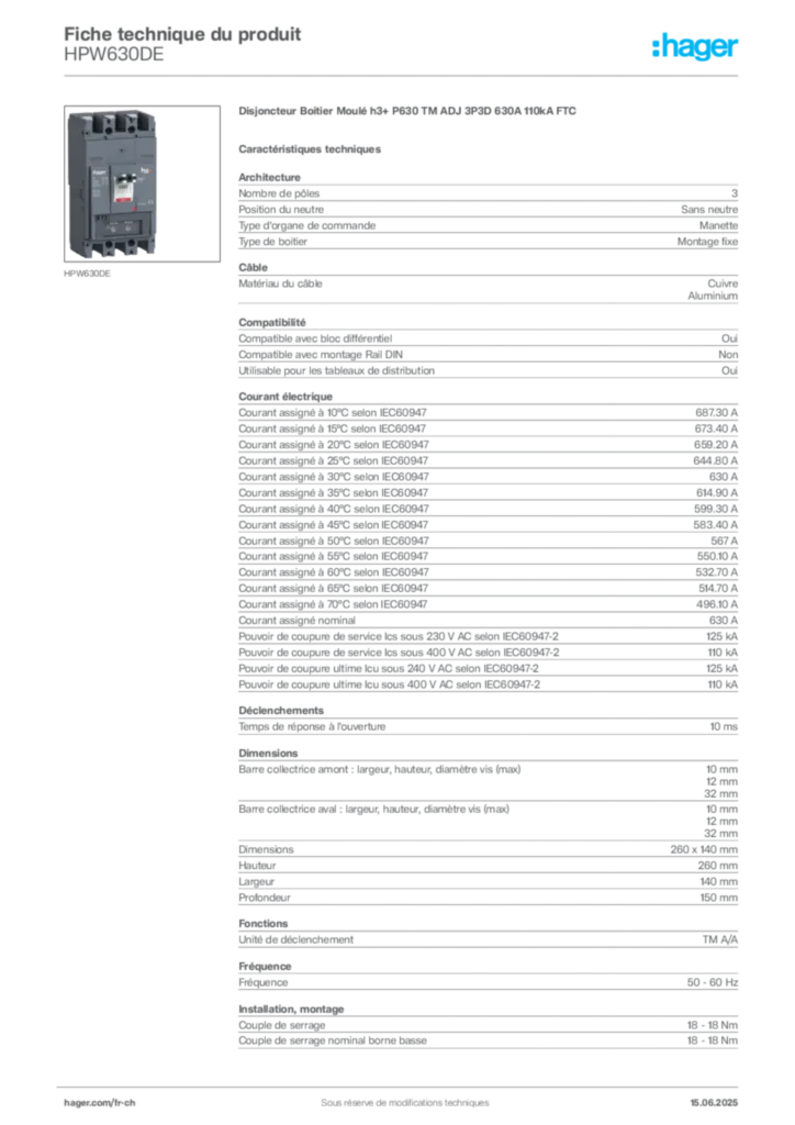 Image Hager Fiche technique du produit HPW630DE | Hager Suisse