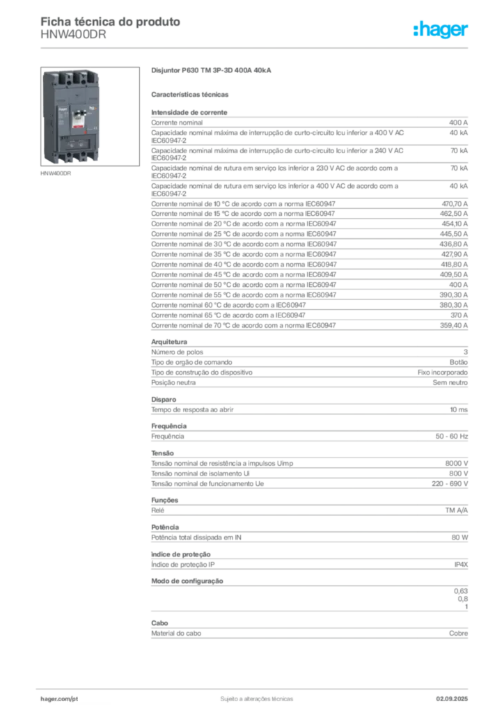 Imagem Hager Ficha técnica do produto HNW400DR | Hager Portugal