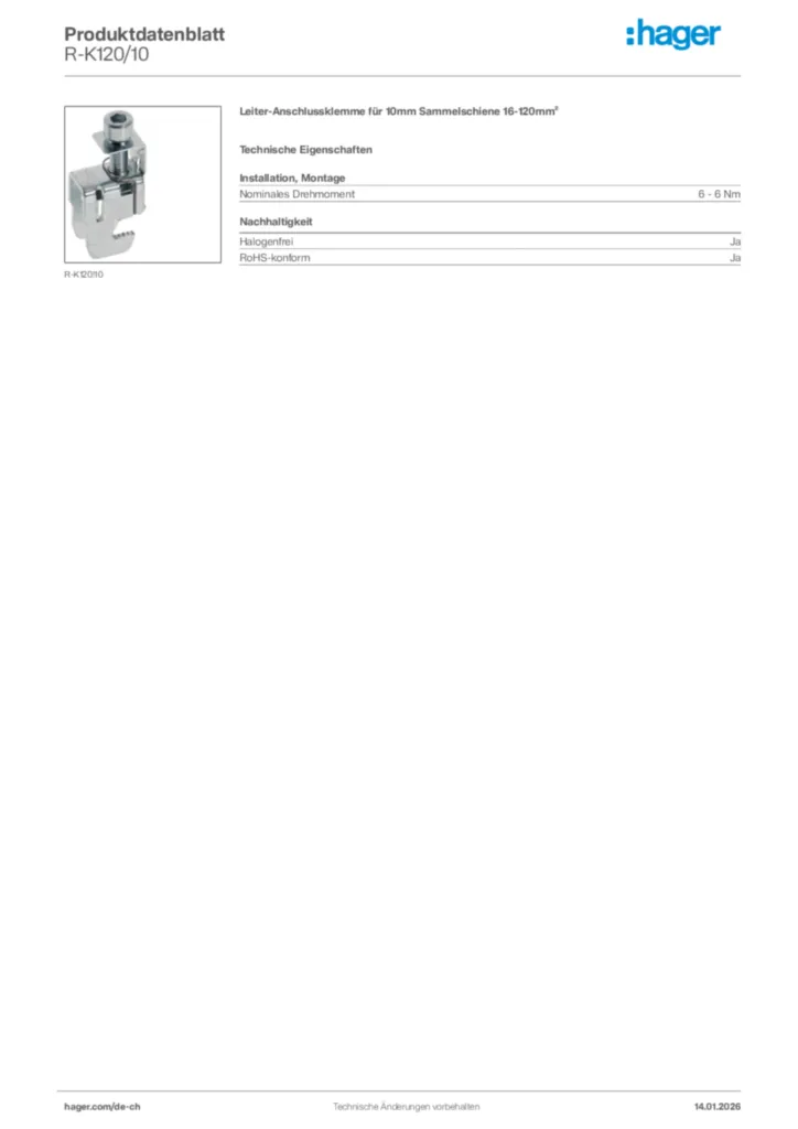 Bild Hager Produktdatenblatt R-K120/10 | Hager Schweiz