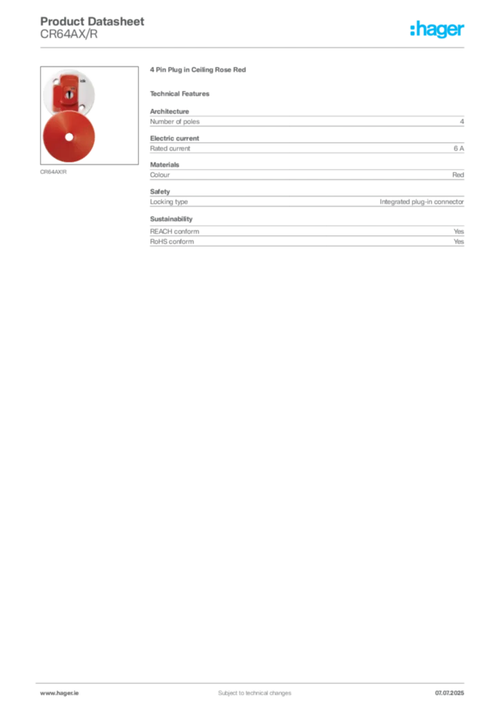 Image Hager Product data sheet CR64AX/R  | Hager