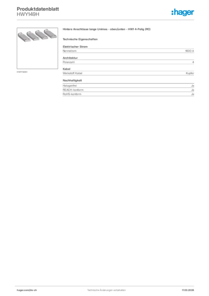 Bild Hager Produktdatenblatt HWY149H | Hager Schweiz