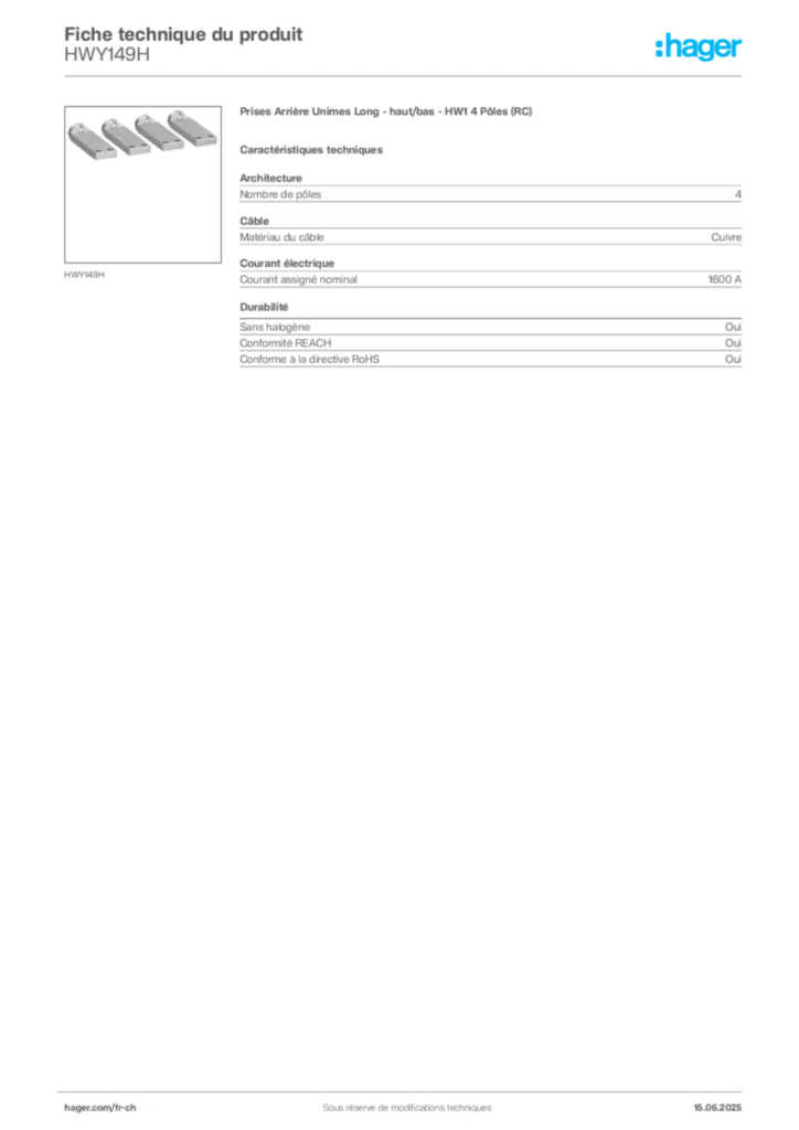 Image Hager Fiche technique du produit HWY149H | Hager Suisse