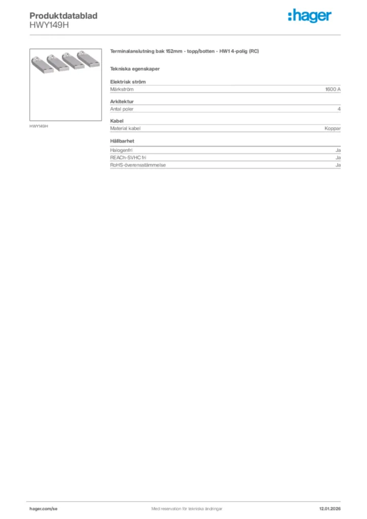 Bild Hager Produktdatablad HWY149H | Hager Sverige
