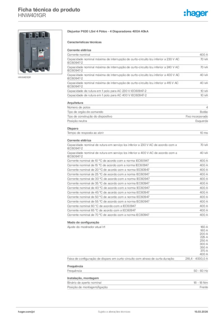 Imagem Hager Ficha técnica do produto HNW401GR | Hager Portugal