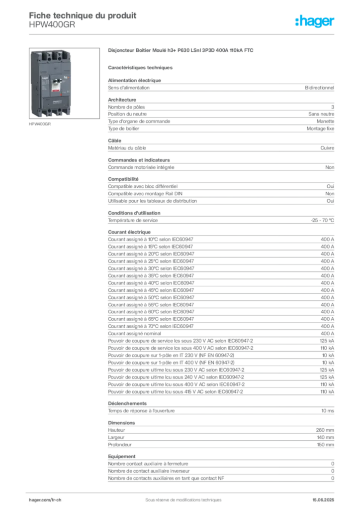 Image Hager Fiche technique du produit HPW400GR | Hager Suisse