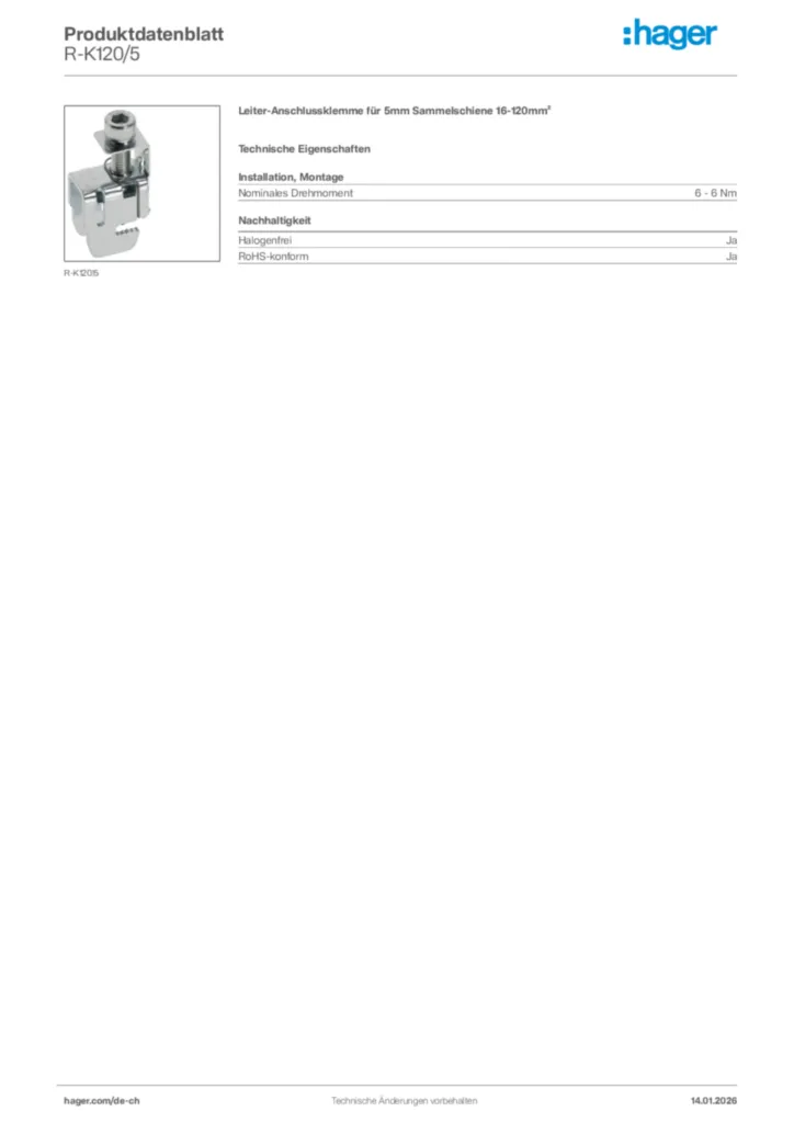 Bild Hager Produktdatenblatt R-K120/5 | Hager Schweiz
