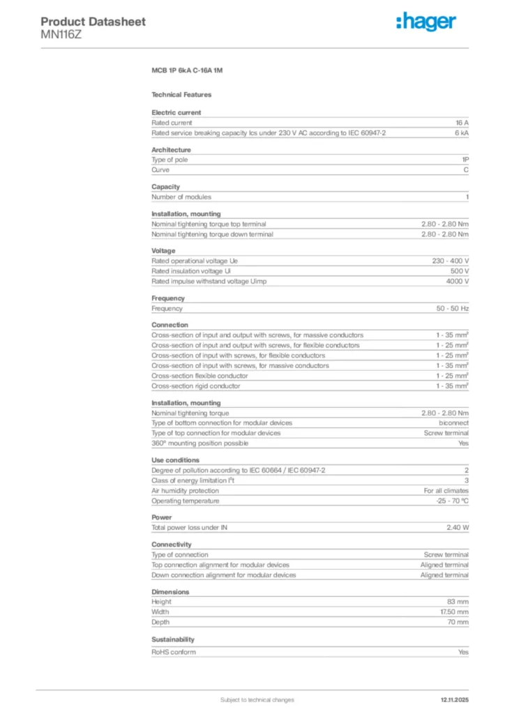 Image Hager Product data sheet MN116Z  | Hager Africa