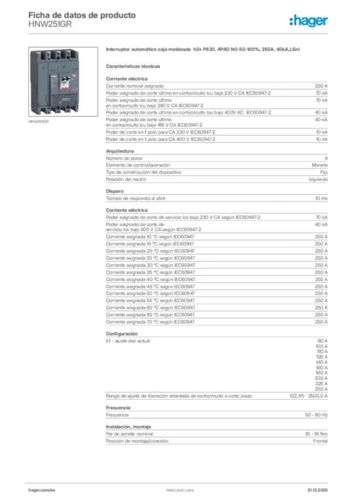 Imagen Hager Ficha de datos de producto HNW251GR | Hager España