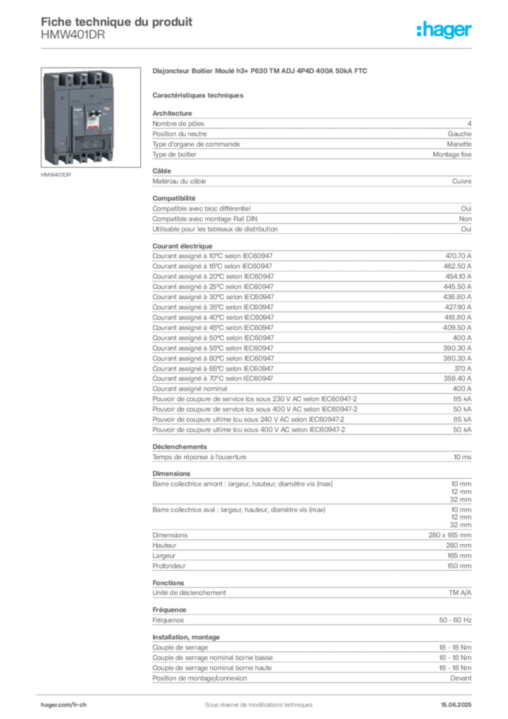 Image Hager Fiche technique du produit HMW401DR | Hager Suisse