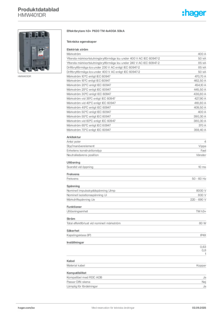 Bild Hager Produktdatablad HMW401DR | Hager Sverige