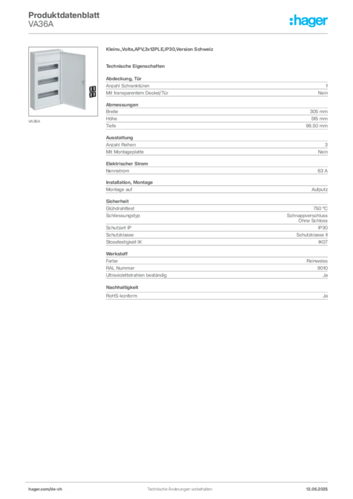 Bild Hager Produktdatenblatt VA36A | Hager Schweiz
