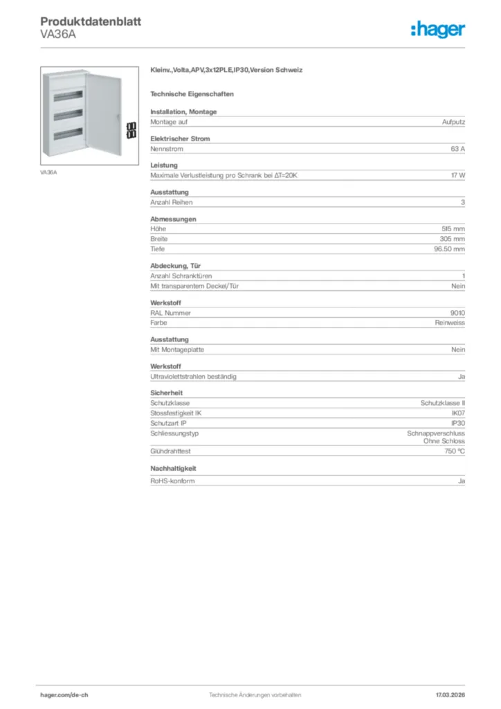 Bild Hager Produktdatenblatt VA36A | Hager Schweiz