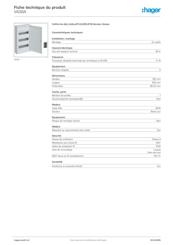 Image Hager Fiche technique du produit VA36A | Hager Suisse