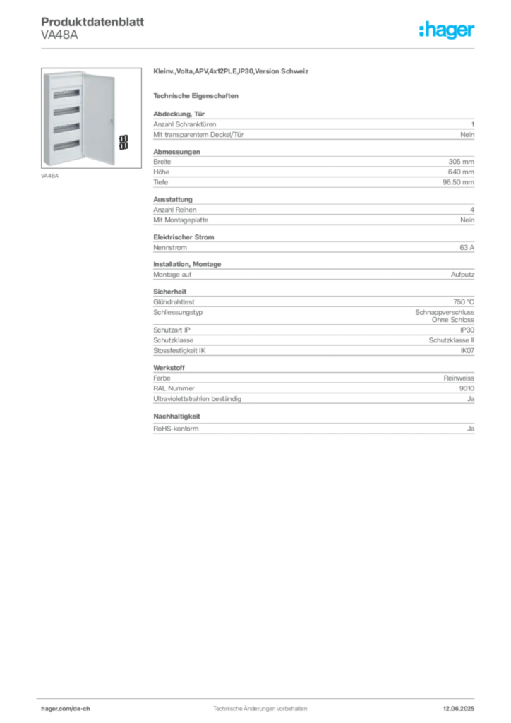 Bild Hager Produktdatenblatt VA48A | Hager Schweiz
