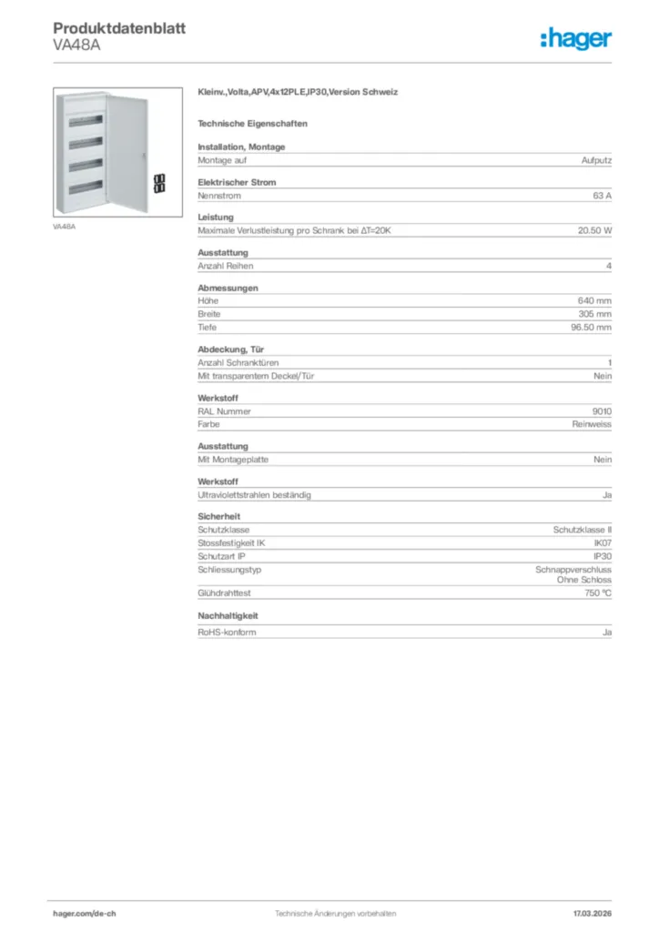 Bild Hager Produktdatenblatt VA48A | Hager Schweiz