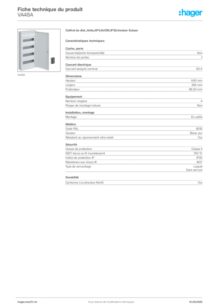 Image Hager Fiche technique du produit VA48A | Hager Suisse