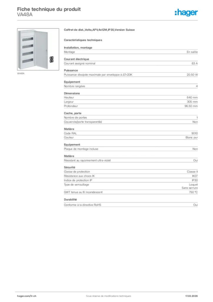 Image Hager Fiche technique du produit VA48A | Hager Suisse