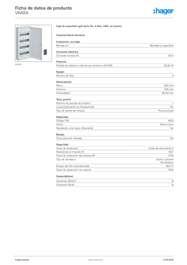 Imagen Hager Ficha de datos de producto VA48A | Hager España