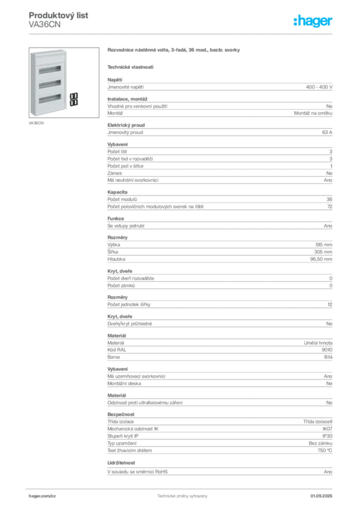 Obrázek Hager Produktový list VA36CN | Hager