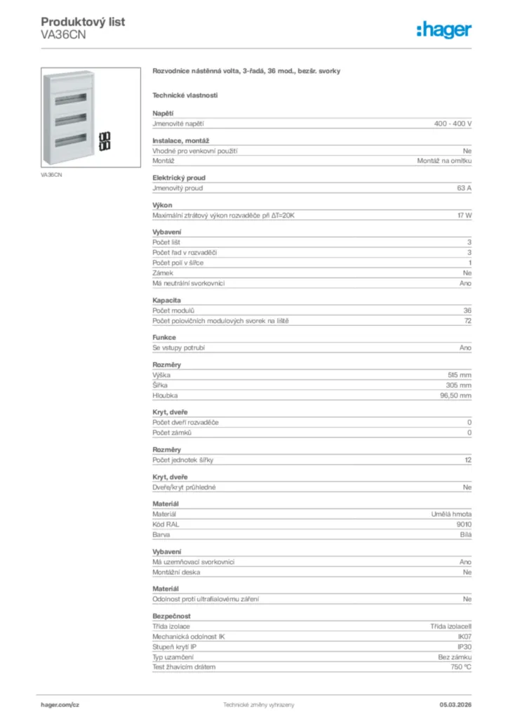 Obrázek Hager Product data sheet VA36CN | Hager
