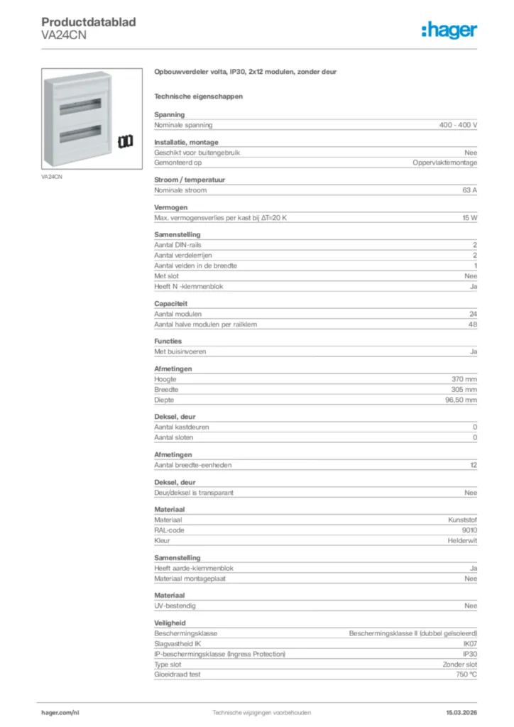 Afbeelding Hager Productdatablad VA24CN | Hager Nederland