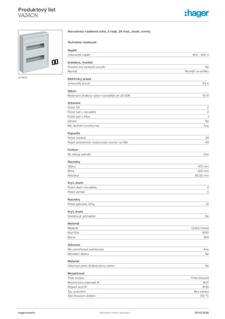 Obrázek Hager Product data sheet VA24CN | Hager