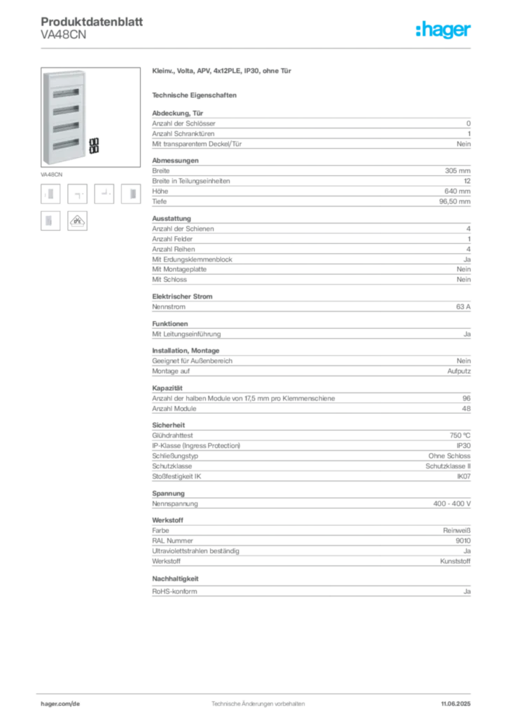 Bild Hager Produktdatenblatt VA48CN | Hager Deutschland