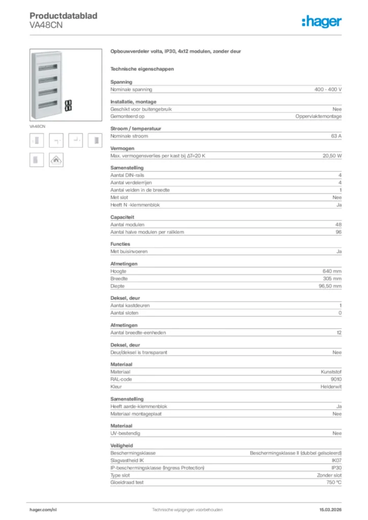Afbeelding Hager Productdatablad VA48CN | Hager Nederland
