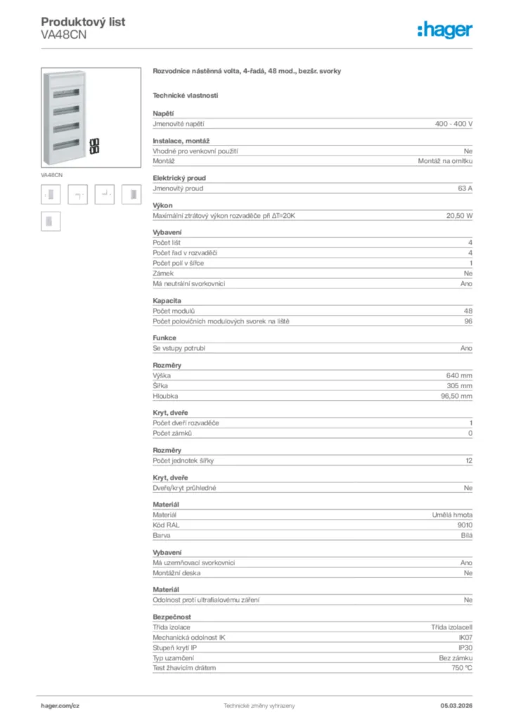 Obrázek Hager Product data sheet VA48CN | Hager