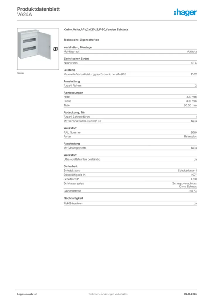 Bild Hager Produktdatenblatt VA24A | Hager Schweiz