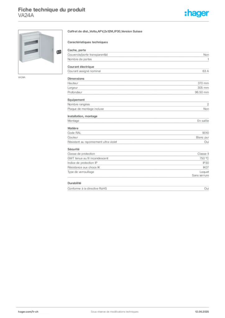 Image Hager Fiche technique du produit VA24A | Hager Suisse
