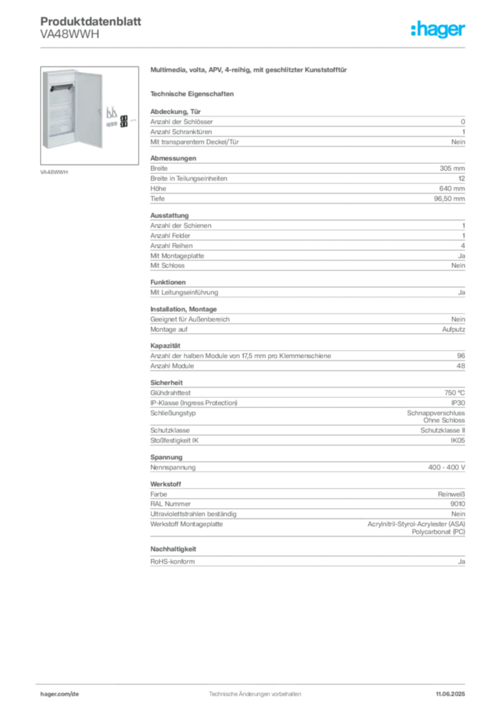Bild Hager Produktdatenblatt VA48WWH | Hager Deutschland