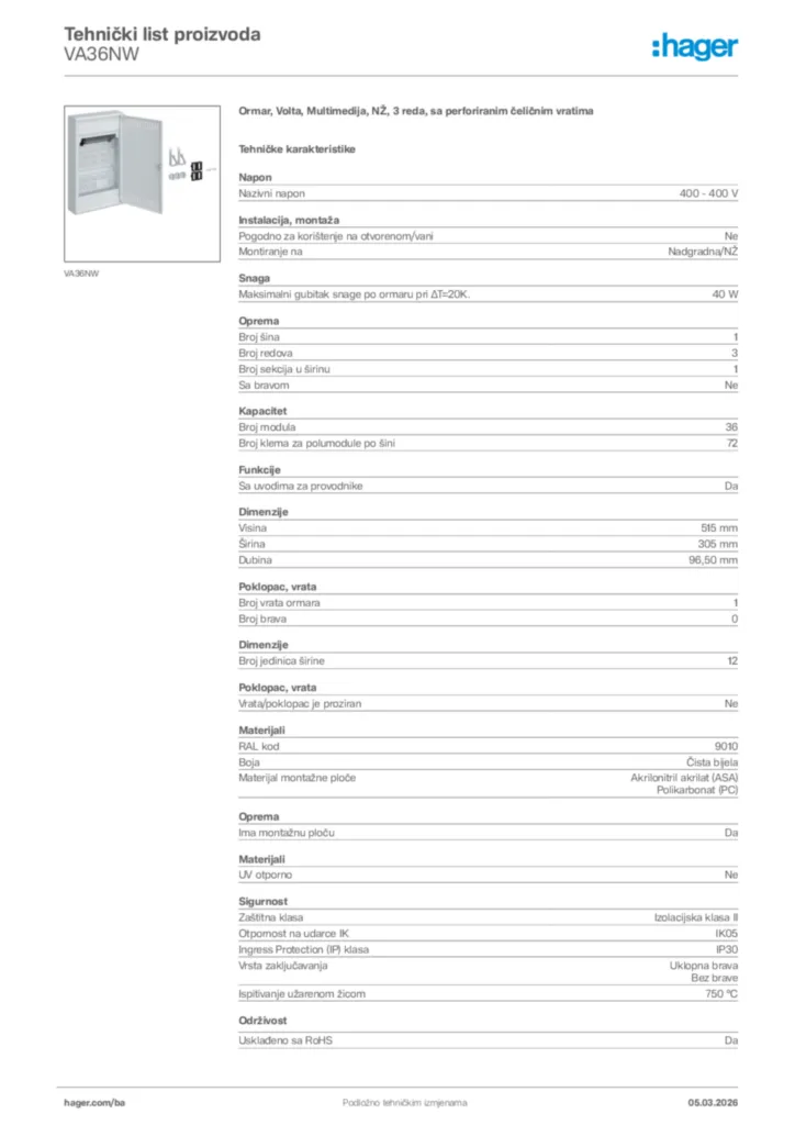 Slika Hager Tehnički list proizvoda VA36NW  | Hager