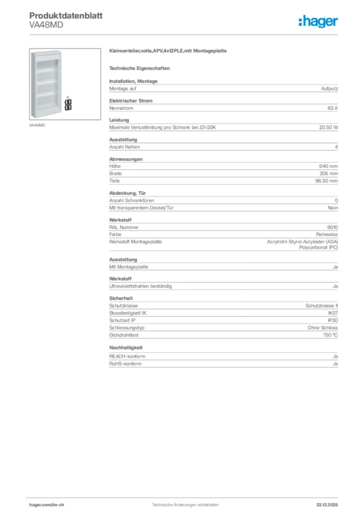 Bild Hager Produktdatenblatt VA48MD | Hager Schweiz