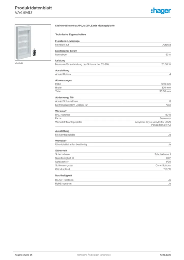 Bild Hager Produktdatenblatt VA48MD | Hager Schweiz
