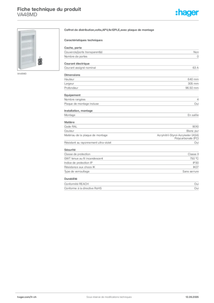 Image Hager Fiche technique du produit VA48MD | Hager Suisse