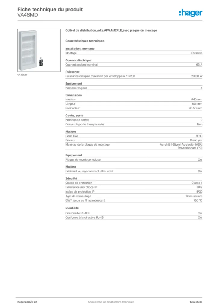 Image Hager Fiche technique du produit VA48MD | Hager Suisse