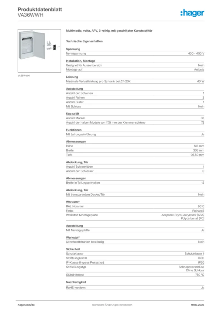 Bild Hager Produktdatenblatt VA36WWH | Hager Deutschland